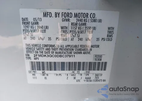 2013 Ford Edge Se z USA, uszkodzony, nr VIN 2FMDK3GC0DBC37911